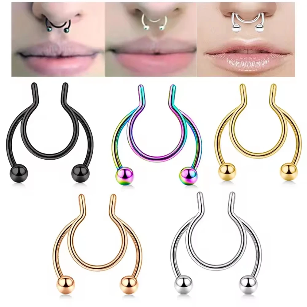 1pcs Horseshoe Magnet Nose Ring Jewelry Stainless Steel Nose Segment Hoop Rings For Women Men Non-pierced Nose Clip Piercing