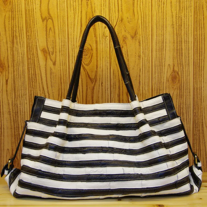 KK 2024 New Genuine Leather Women's Handbag Top grade Cowhide Casual Fashion Versatile Stripe Splicing Single Shoulder Crossbody