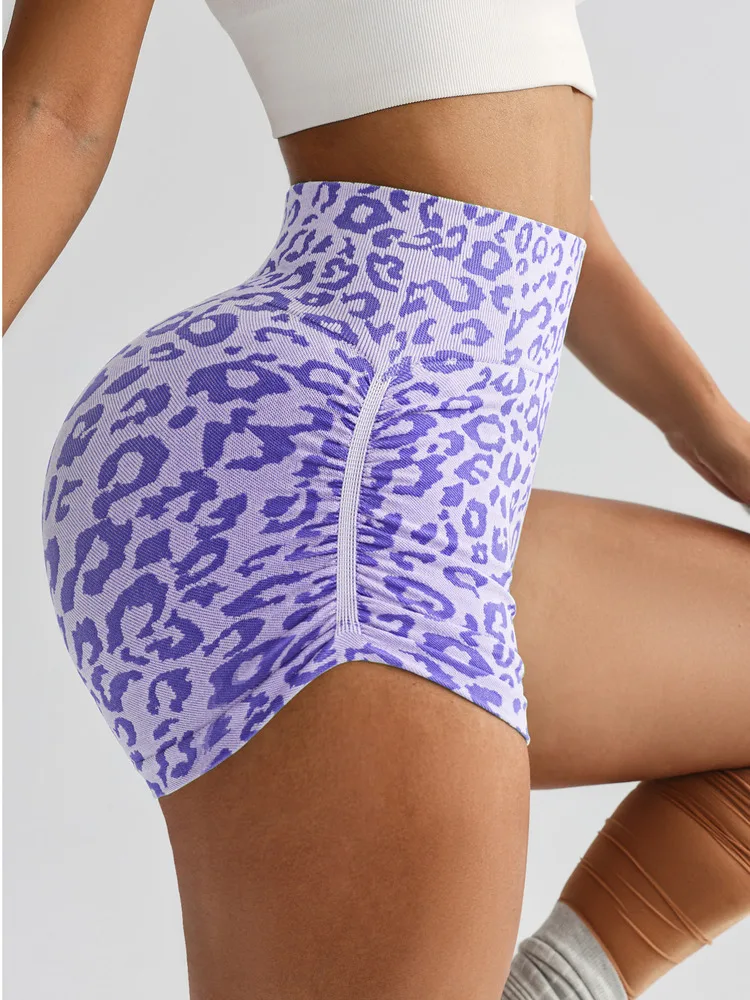 New 2026 Summer Women's Leopard Print Shorts Tummy Control Yoga Pants High-waisted Butt-lifting Running Fitness Peach