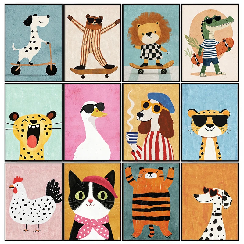 Funny Animals Lion Cheetah Dog Bear Skateboard Posters Prints Wall Art Canvas Nursery Pictures for Kids Girls Boys Room Decor