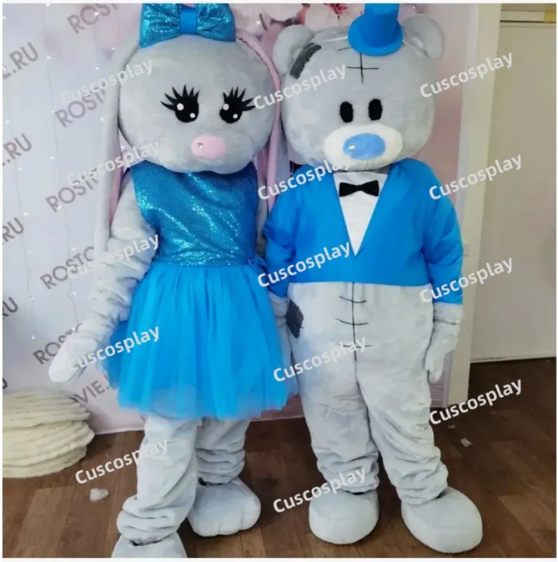 Christmas Cute Grey Hare Tuxedo Rabbit Blue Tailcoat Easter Bunny Mascotte Fancy Cartoon Mascot Costume Plush Fancy