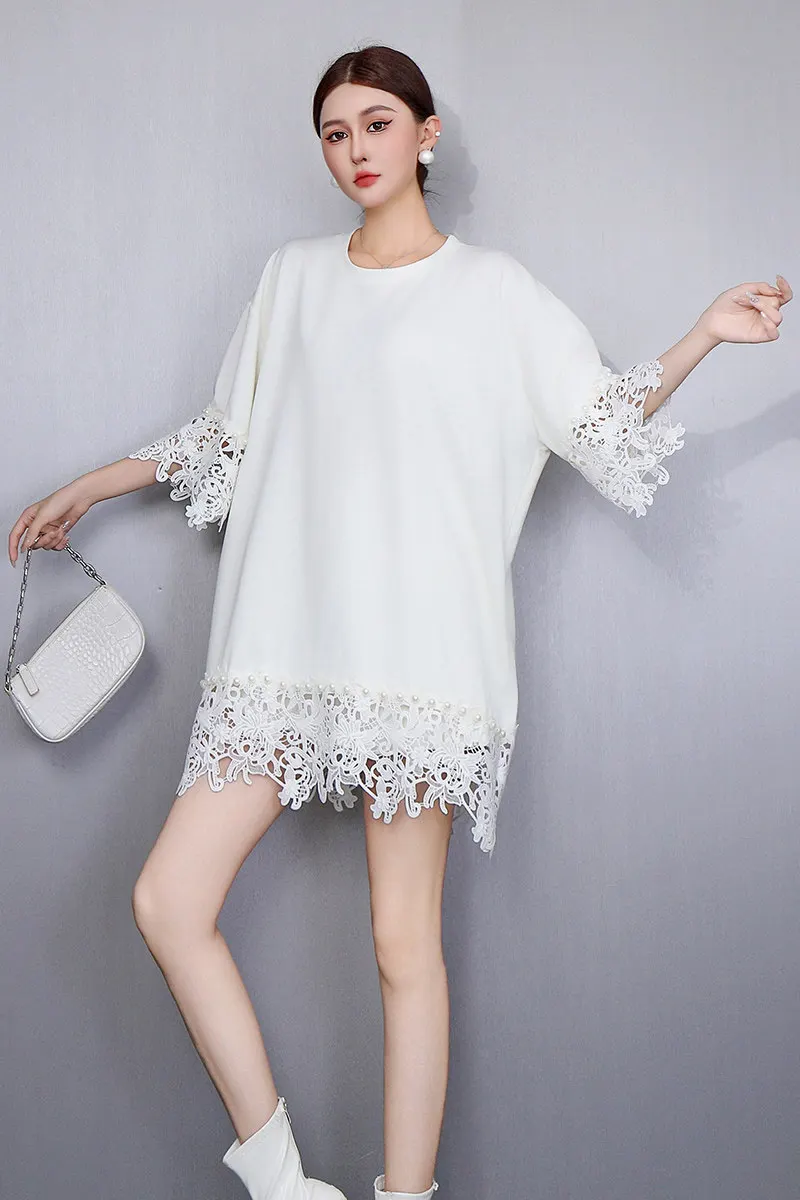 

2026 Summer New Fashion Women Elegant Loose Lace Patchwork T-shirts Female Casual Top Wholesale J2250