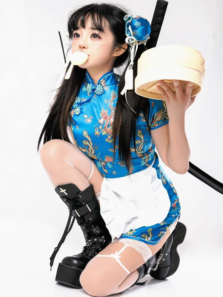 فستان تشيونغسام صيني، زي تنكري للهالوين وعيد الميلاد، زي خادمة ناعم للفتيات، زي يومي بأكمام قصيرة من مواد أخرى