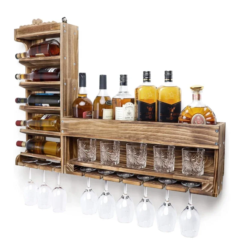 Wall Mounted Wine Rack Display Storage Rack Wooden Wine Shelf with Bottle Stemware Glass Holder Rustic