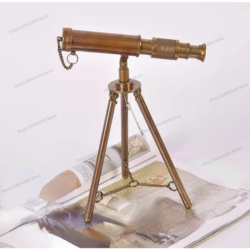 For Retro Brass Solid Wood Tripod Telescope Ornament, Film and Television Props Soft Decoration