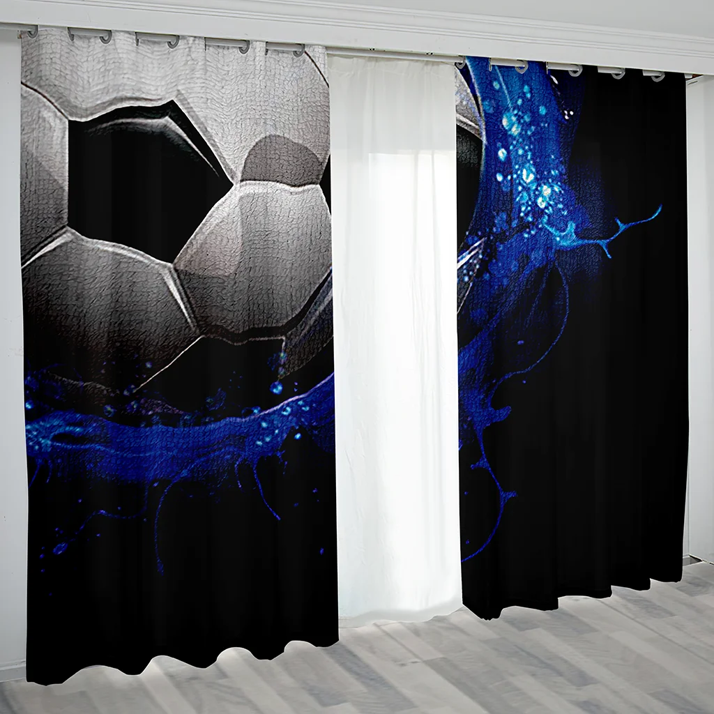 3D Cheap Soccer Balls Curtains for Kids, Thin Shading, Window Curtain in the Living Room, Boys Decoration Hooks, Blue Design