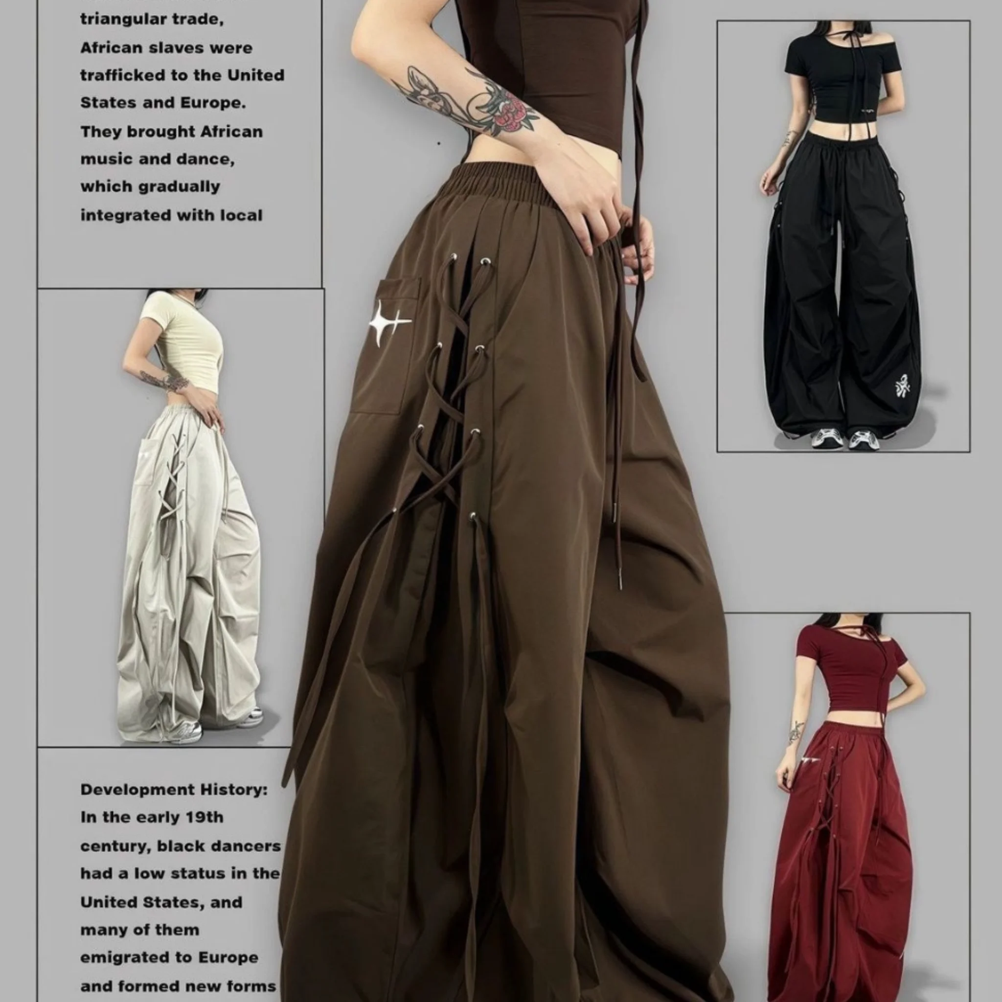 American Streetwear Jogging Cargo Pants Women High Waist Side Straps Loose Punk Wide Leg Trousers Fashion Hip Hop Parachute Pant