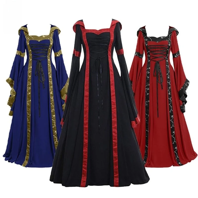 

Halloween Vintage Medieval Square Collar Dress with Hood for Stage Performance Women's Ethnic Costume Skirt with Sashes