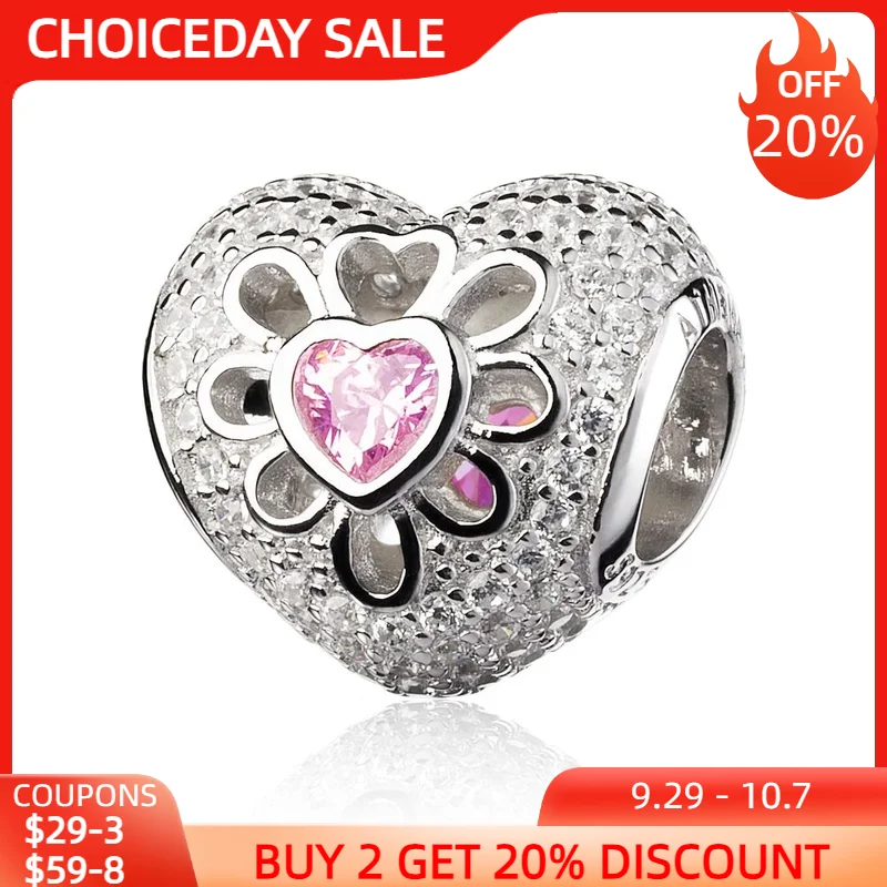 

ATHENAIE 925 Sterling Silver with Pave Clear CZ & Pink CZ Heart Blooms Bead Charms Fit European Bracelets & Bangles