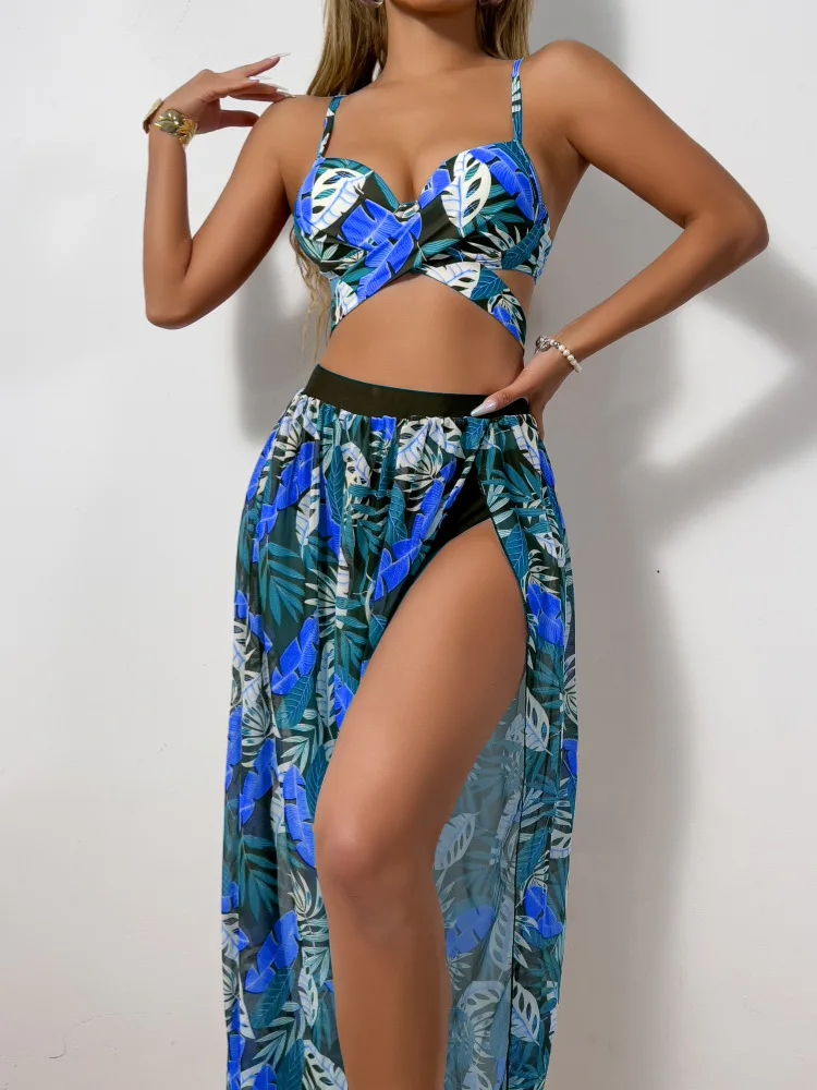 New Sexy Bikini Mesh Long Dress Three-piece Swimsuit Women