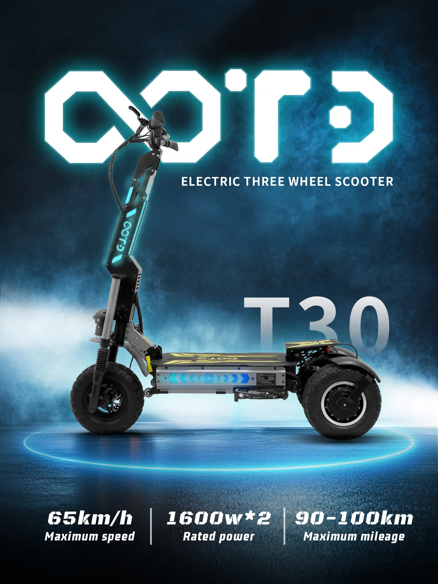 OOTD T30 3-Rad Klappbarer Elektroroller, 3200W Doppelmotor, 60V 31,2Ah Batterie, Höchstgeschwindigkeit 65 km/h, 90-100 km Reichweite, 13 Zoll Offroad-Reifen, Dreifache Hydraulische Scheibenbremse, NFC & Passwort-Entsperrung, Vollfederung, 200 kg Tragfähigkeit, Offroad-E-Scooter für Erwachsene – Detail 1