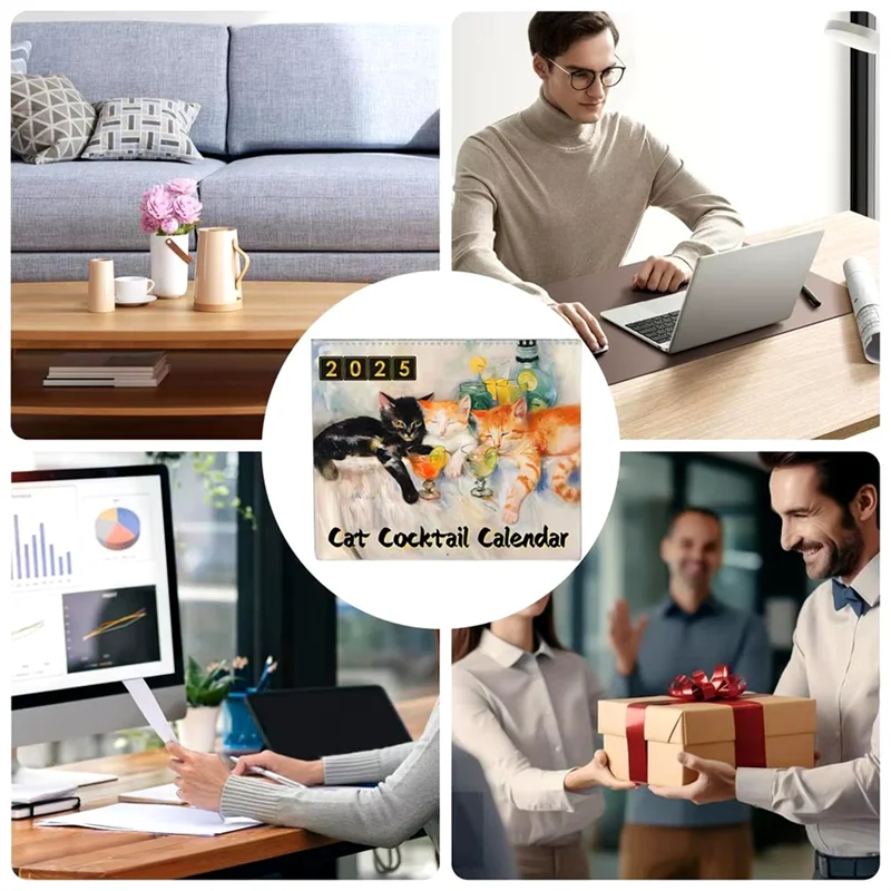 Decorative Wall Calendar 2025 Cat Cocktails Pattern Desk Calendar Decorative Animal Calendar For Table Ornament