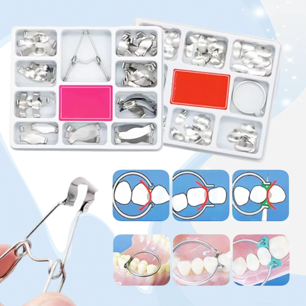 

Dental Contoured Matrix Bands Kit Stainless Steel Sectional Rings for Teeth Restoration Orthodontic Supplies