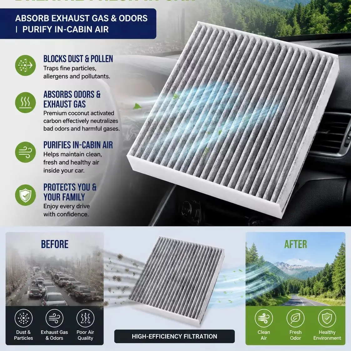 1pc Premium PP Air Filter - Advanced Activated Carbon, Enhanced Vehicle Performance, Ideal for Toyota Avalon, Camry, C-HR, Corol