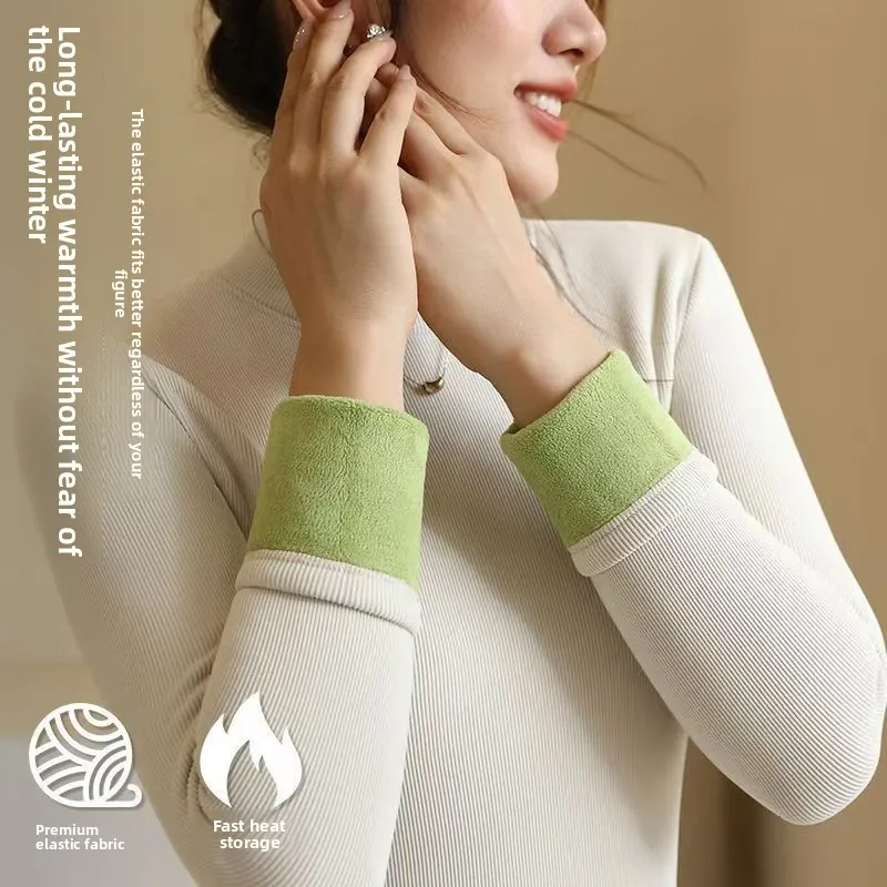 خريف شتاء جديد شبه عالية الياقة مع قاعدة مخملية سميكة قميص للنساء الخريف الدافئة طويلة الأكمام تي شيرت مع رداء علوي غير رسمي