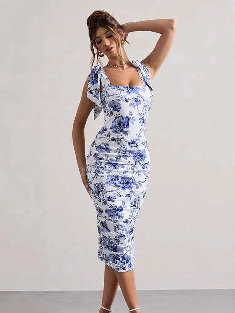 スリムフィットプリントレースアップドレーププリーツギャザーウエストミディスカート（ヴィンテージ風レディースサマードレス）