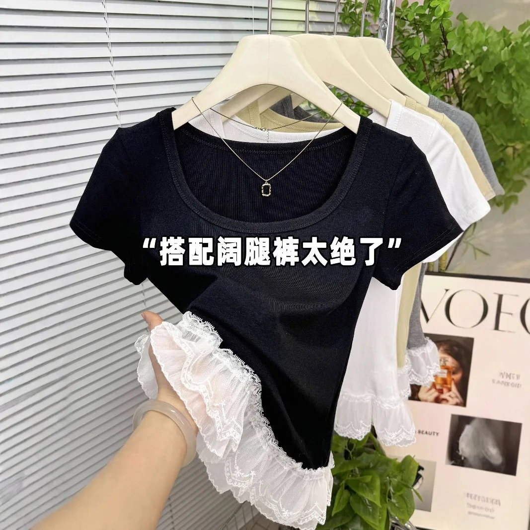 

Топ с короткими рукавами, плечом спереди и U-образным вырезом, женская рубашка с летним дизайном 2025, внутренний слой нижней части