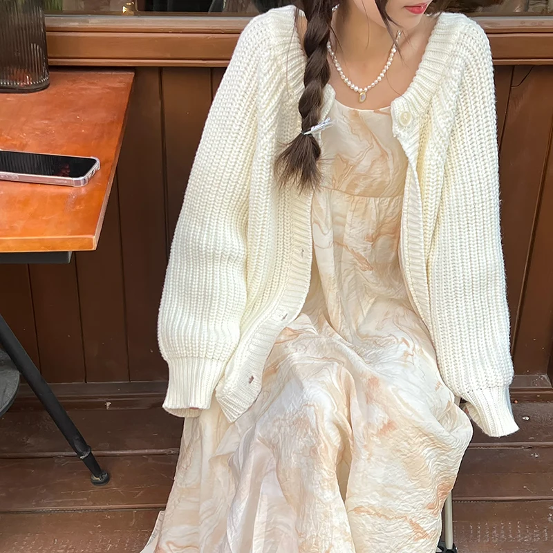 

Almond Peach Can Opener Women's Cardigan Cotton Knitted Sweater Versatile White Outerwear V-ne Button-up Long Sve Regula...