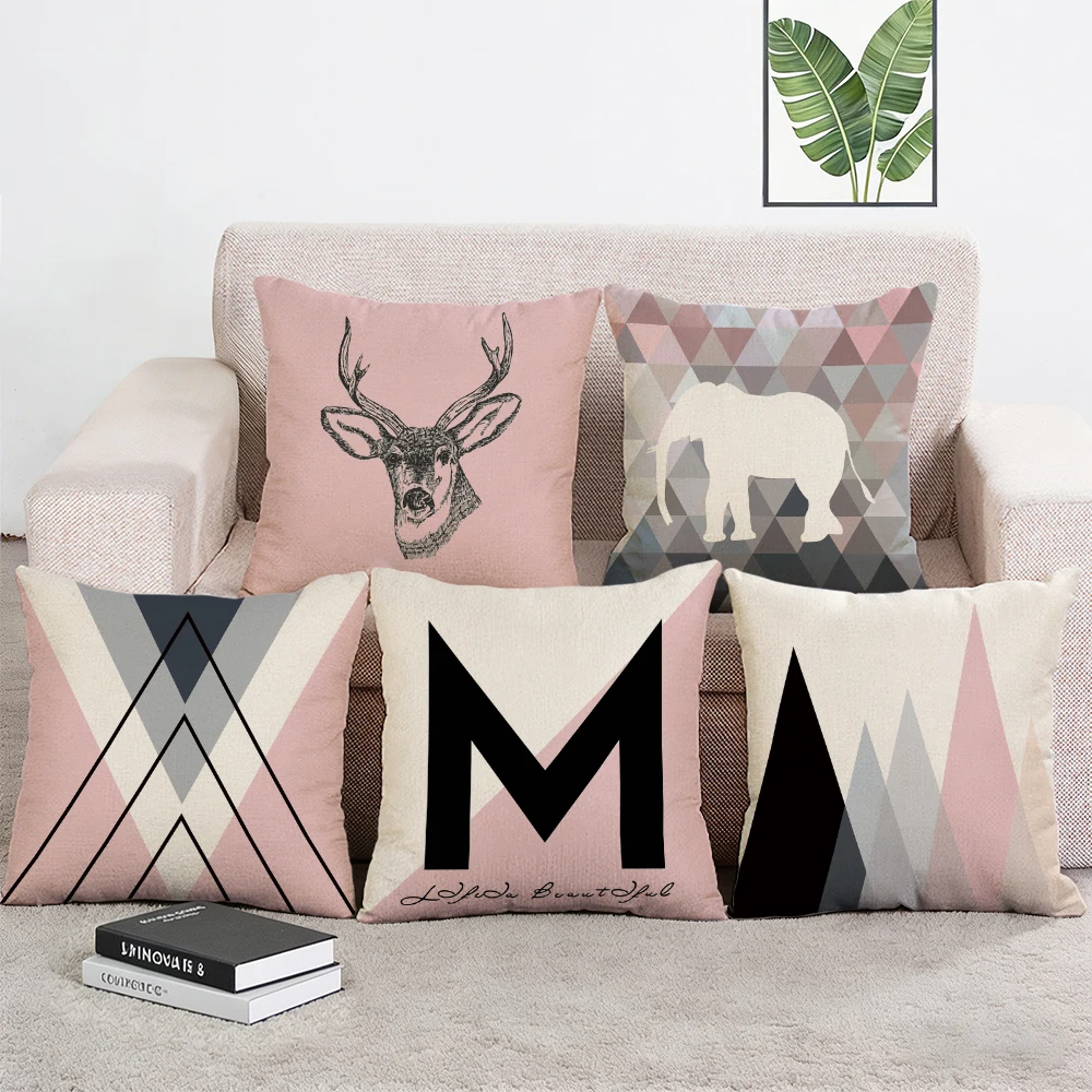 

Nordic Style Decorative Pillowcase Elephant Deer Print Throw Pillows Case Pink Geometric Cushion Cover for Sofa Decor