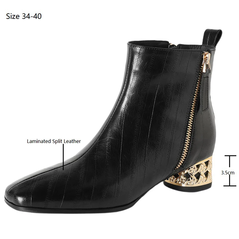 Drestrive 2025 Elegant Women's Ankle Boots Laminated Split Leather Zipper Square Toe Thick Round Low Heels Handmade Winter Shoes