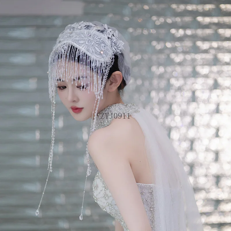 ブライダルヘッドドレスフレンチレースメッシュフリンジヘッドバンド帽子シンプルなウェディングドレスアクセサリー