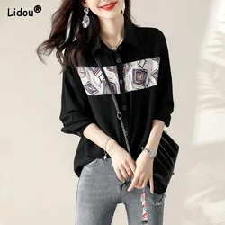 Turn-down Collar Spring Summer Casual Printing Button Thin Blouses Women Shirt Straight Loose Chiffon Graphic Women's Clothing