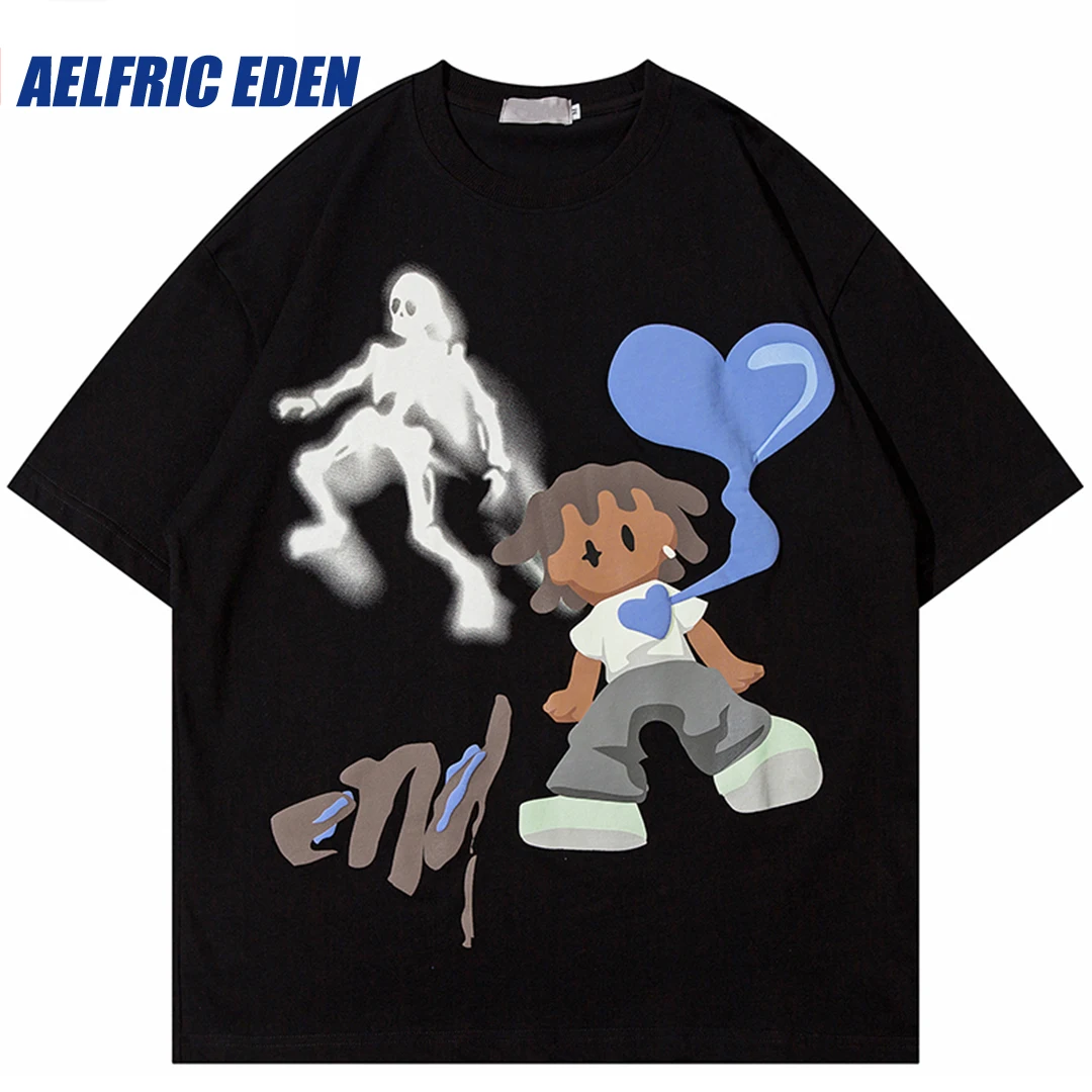 2023 Men Streetwear Hip Hop Oversized T-Shirt Ghost Heart Funny Graphic T Shirt Harajuku Loose Tshirt Cotton Tops Tees Black