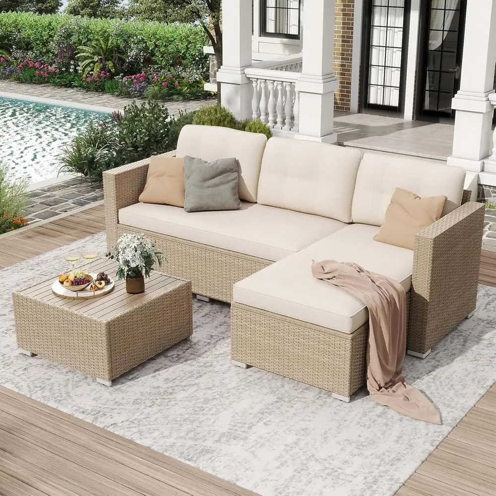 

All-Weather Beige L-Shaped Wicker Rattan Outdoor Sectional Sofa Set with Cushions and Wooden Top Coffee Table