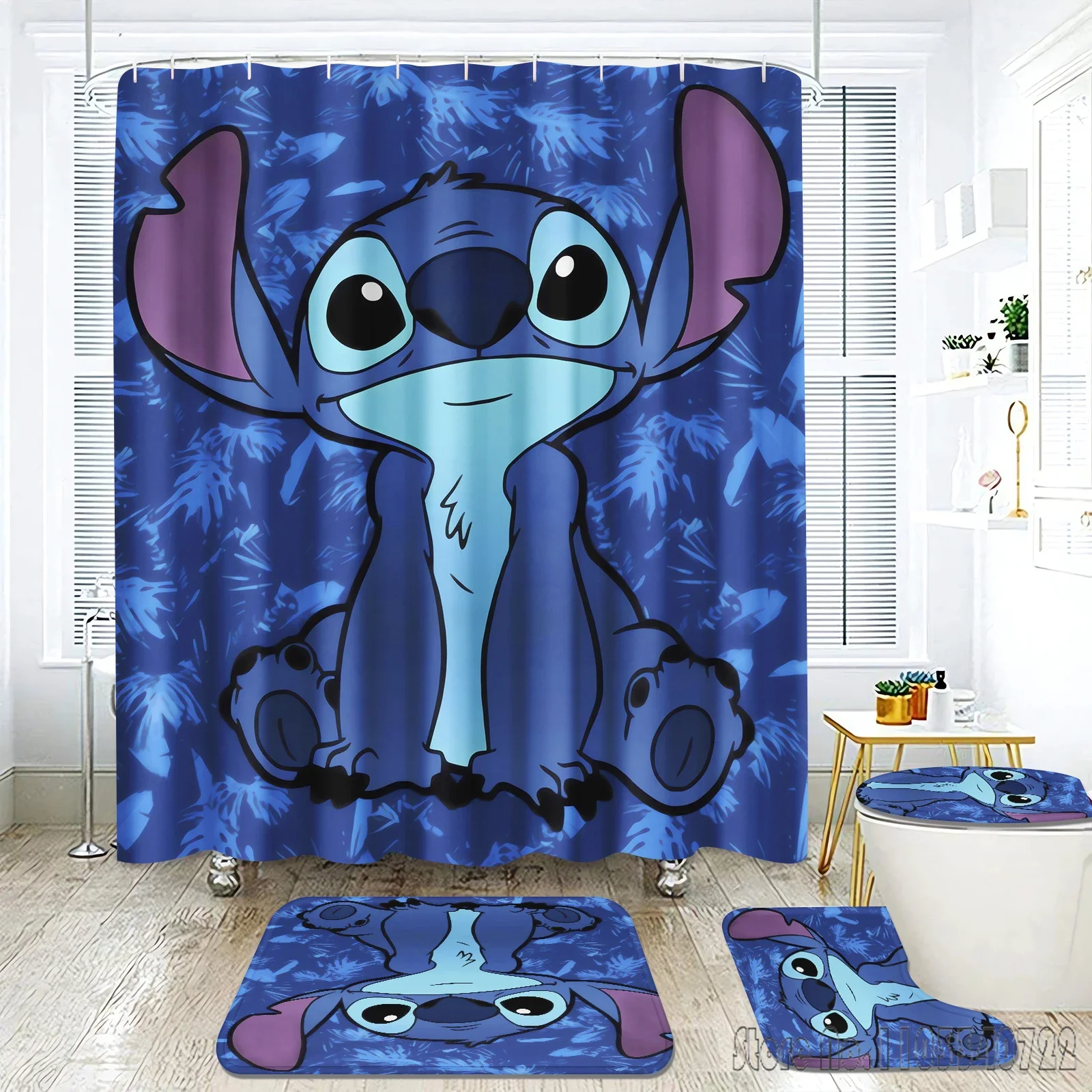 Stitch Cartoon Anime Alien Baby Bath Shower Curtain Set 4pcs with Hooks Waterproof Bathroom Toilet Mat Lid Decor