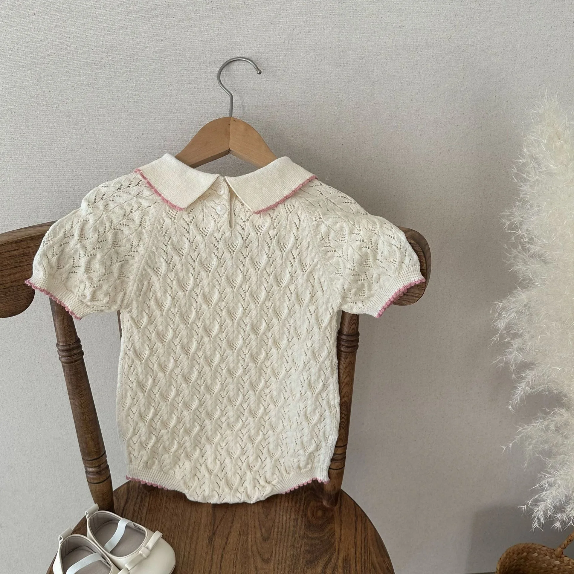 طفل محبوك رومبير 2025 الصيف الكورية طفلة بذلة محبوك الجاكار قصيرة الأكمام تسلق الملابس