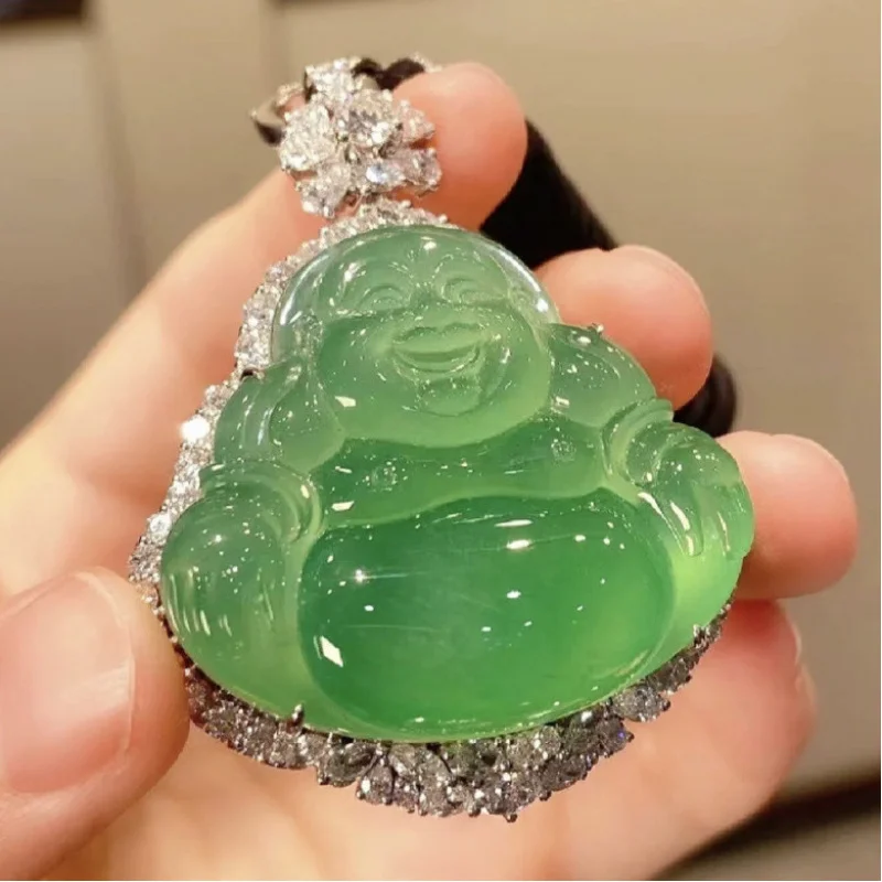 Natural A-grade Burmese high , ice- jadeite with 18k gold inlay, glass-type jade Buddha pendant