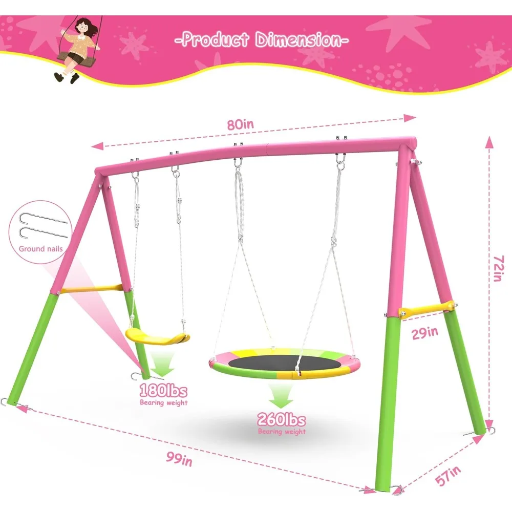 مجموعة أرجوحة للفناء الخلفي مع حامل، حامل أرجوحة معدني خارجي عالي التحمل بوزن 440 رطل، يحتوي على طبق واحد مقاس 32 بوصة و1 مقعد حزام 26.2 بوصة