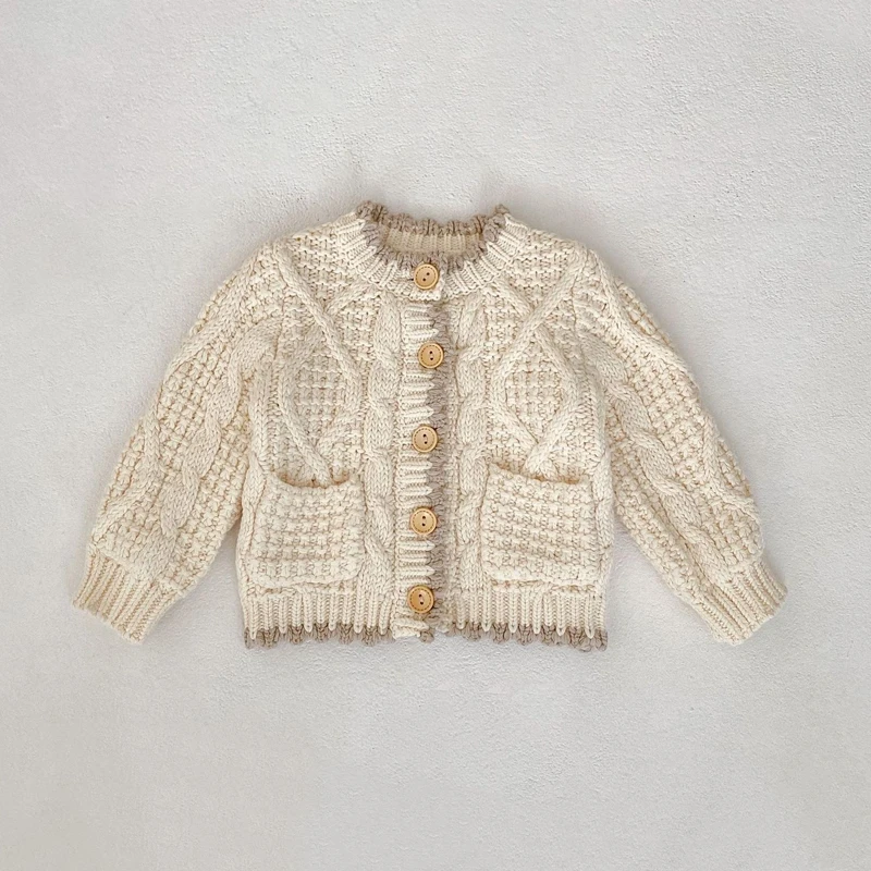 Autumn new style 0-3 years old baby clothes, baby boys and girls, contrasting color hem round neck knitted coat, baby cardigan