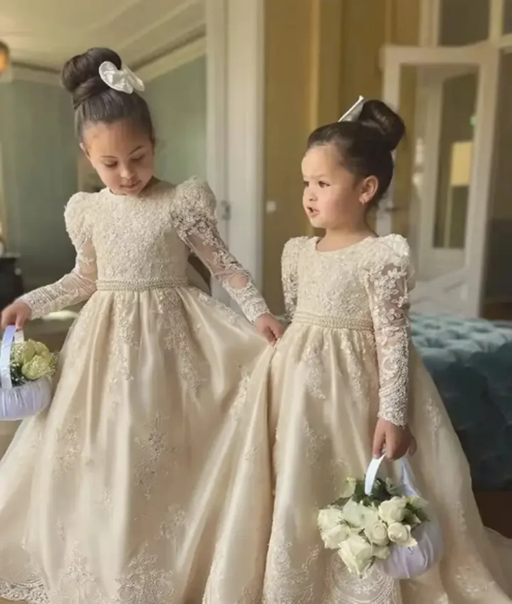 

Customized Flower Girl Dresses For Wedding Appliques Pearls Full Sleeves Gorgeous Kids First Communion Birthday Party Gown