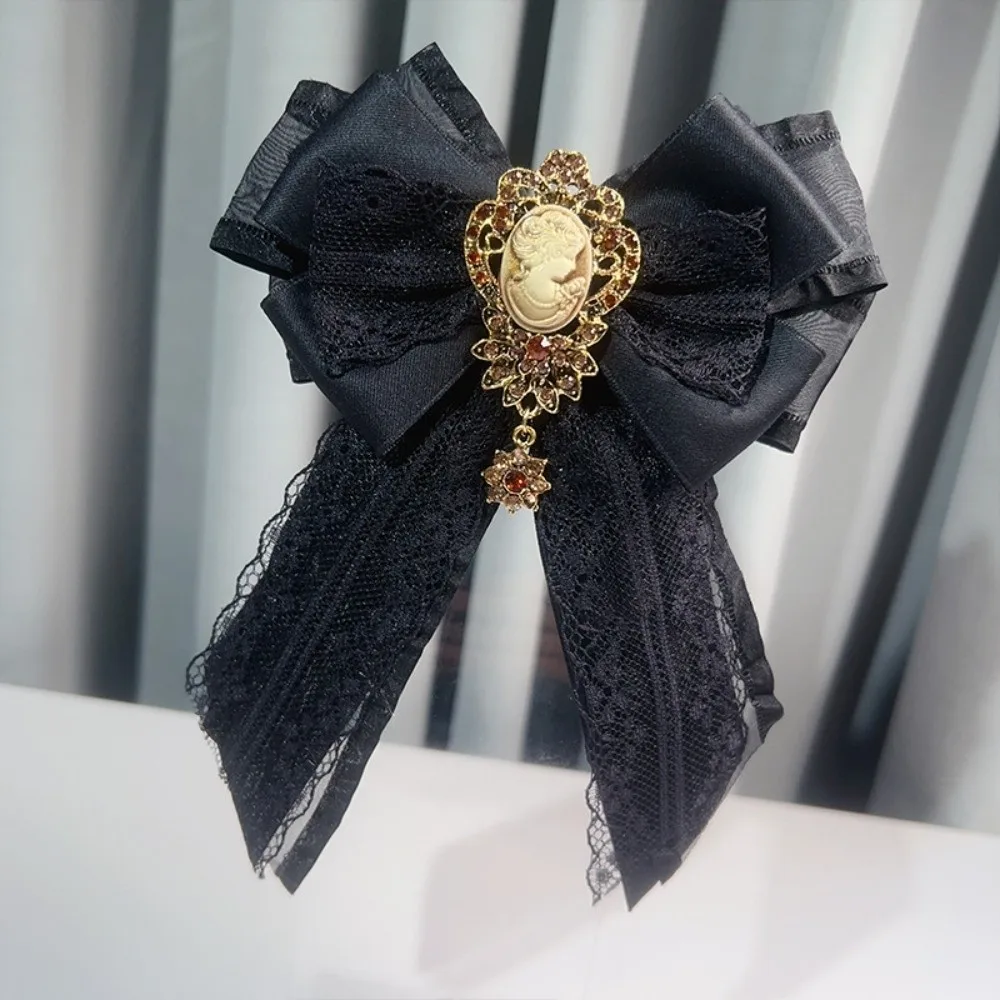 Alloy Lace Ribbon Bow Tie Enchase Design Multi-layered Vintage Lolita Necktie Solid Color Court Style Decoration Shirt Tie Daily