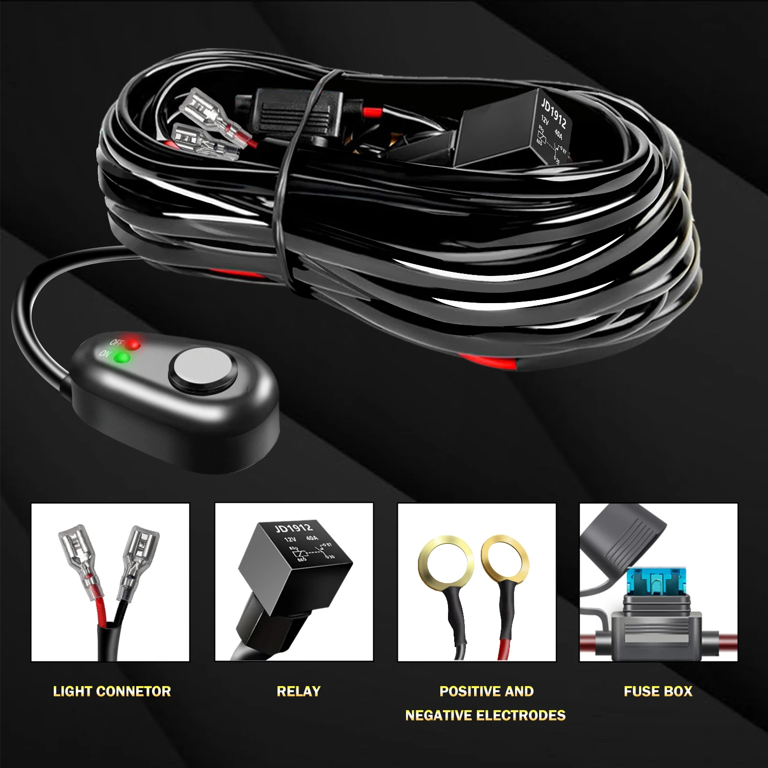 14W LED Light Bar Wiring Harness Kit  Heavy Duty 12V 5Pin Rocker Laser On Off Waterproof Switch Power Relay Blade Fuse-1 Lead