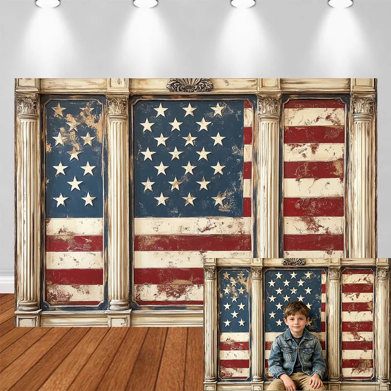 

LS Independence Day Photography Background Vintage American Flag Classical Architecture Decor Adult Portrait Photo Backdrop