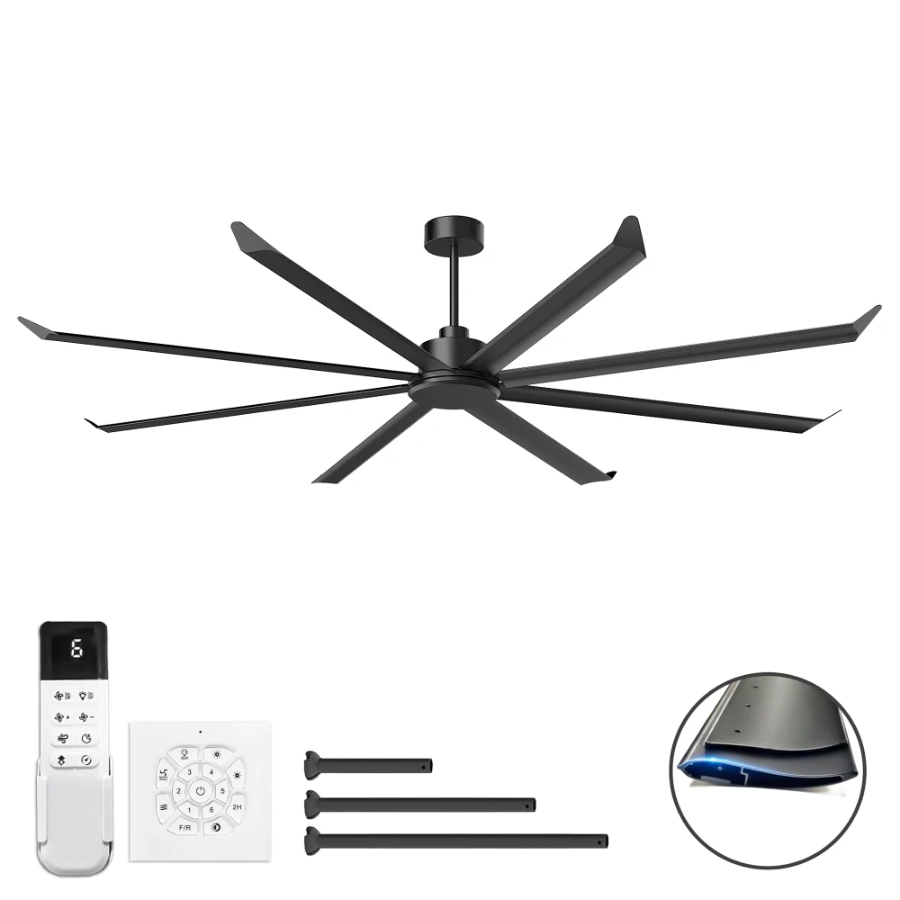 

100 INCH Large Industrial DC Motor Ceiling Fan:8 Aluminum Blades,6-Speed Remote,Adjustable Height(3 Rods),Black Commercial Fan N