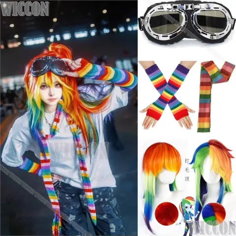 Rainbow Dash Anime Cos Wig RD My  Cosplay  Rainbow Hair Colorful Prop Goggles Sleeves Gloves Party Play Women Girl Set