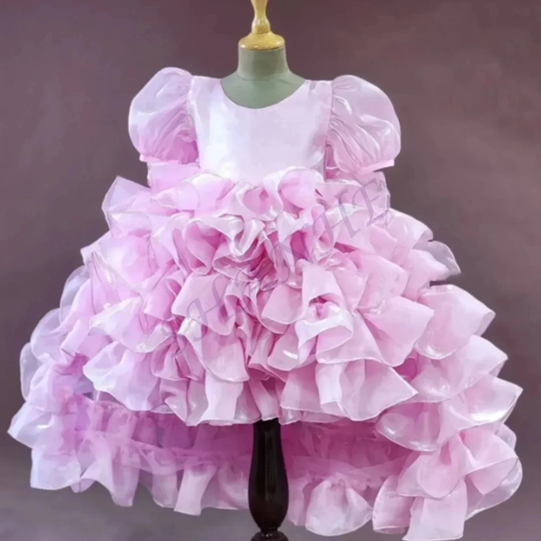 Vestidos de niña de flores morados personalizados para boda escalonados con lazo mangas cortas fiesta de cumpleaños para niños vestido de baile de primera comunión