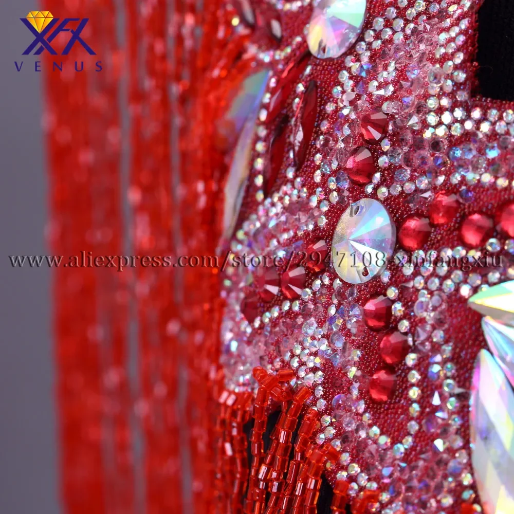 XFX VENUS Hot Sale Wedding Embroidered Rhinestone Tassels Style V-neck Patches for Clothing Red Beaded Applique 1pc Embroidery