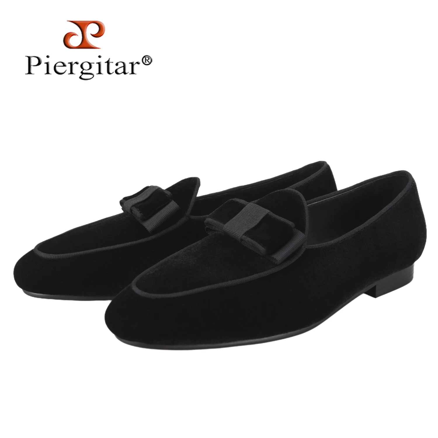 Piergitar New Imported Velvet Men's Loafers For Wedding Party Handmade Black Bow Slip-On Moccasins Red Outsole Breathable Insole