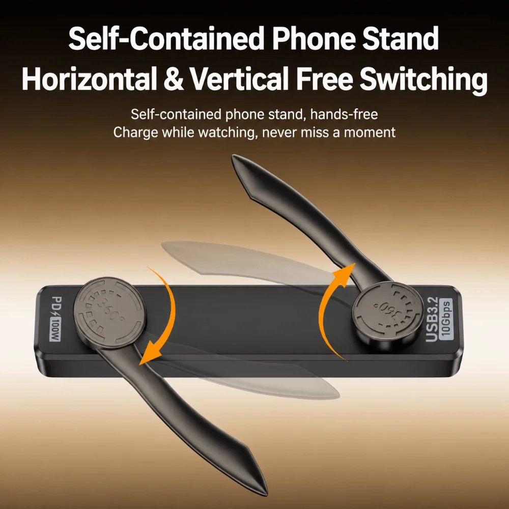Foldable Phone Stand Converter 10Gbps USB 3.2 Type-C Phone Holder Multifunctional PD 100W USB-C Charging Adapter
