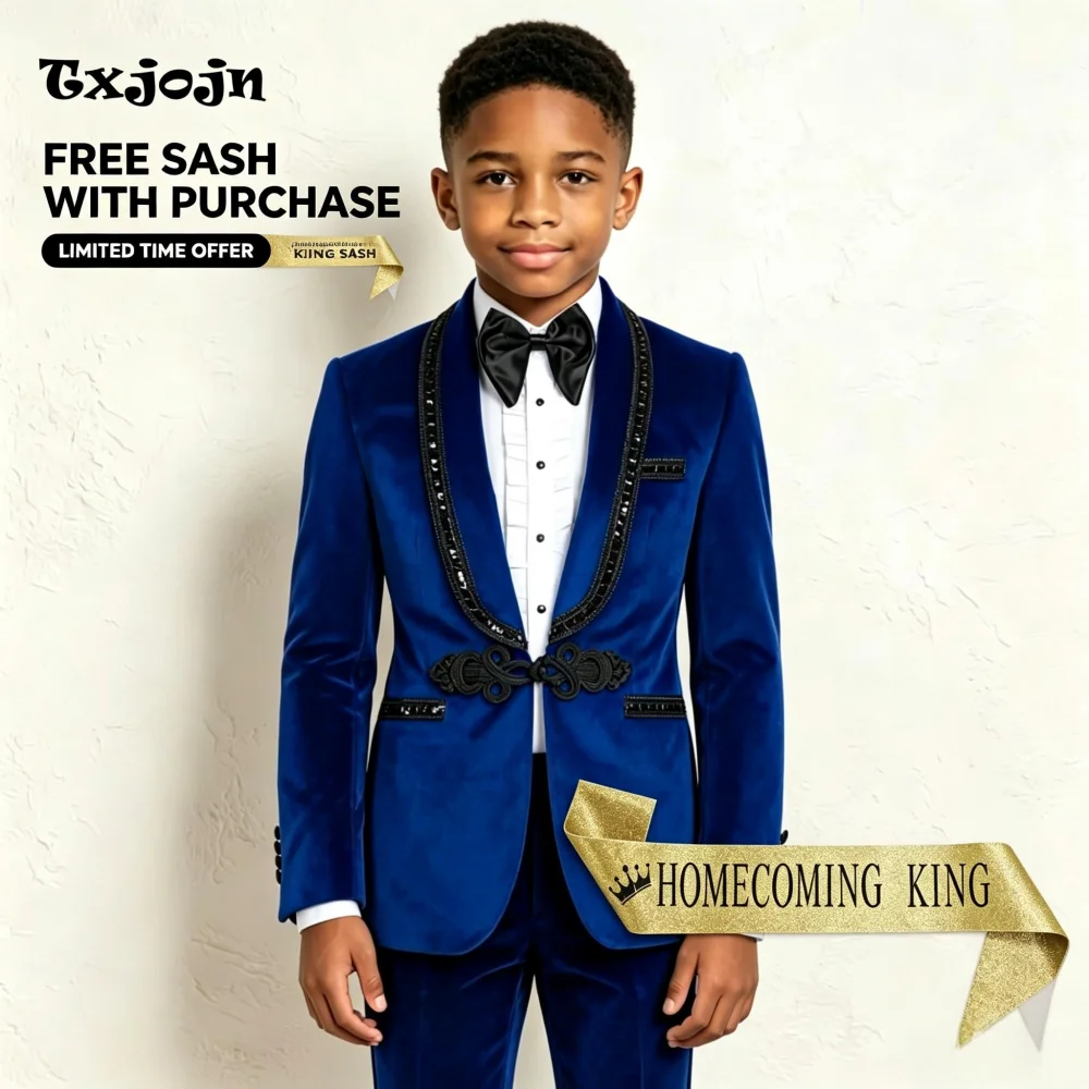 Formal Boys Suit Luxury Embellished Homecoming Tuxedos 2-piece Set Velvet Shawl Lapel Jacket Wedding Blazer Pants for Party