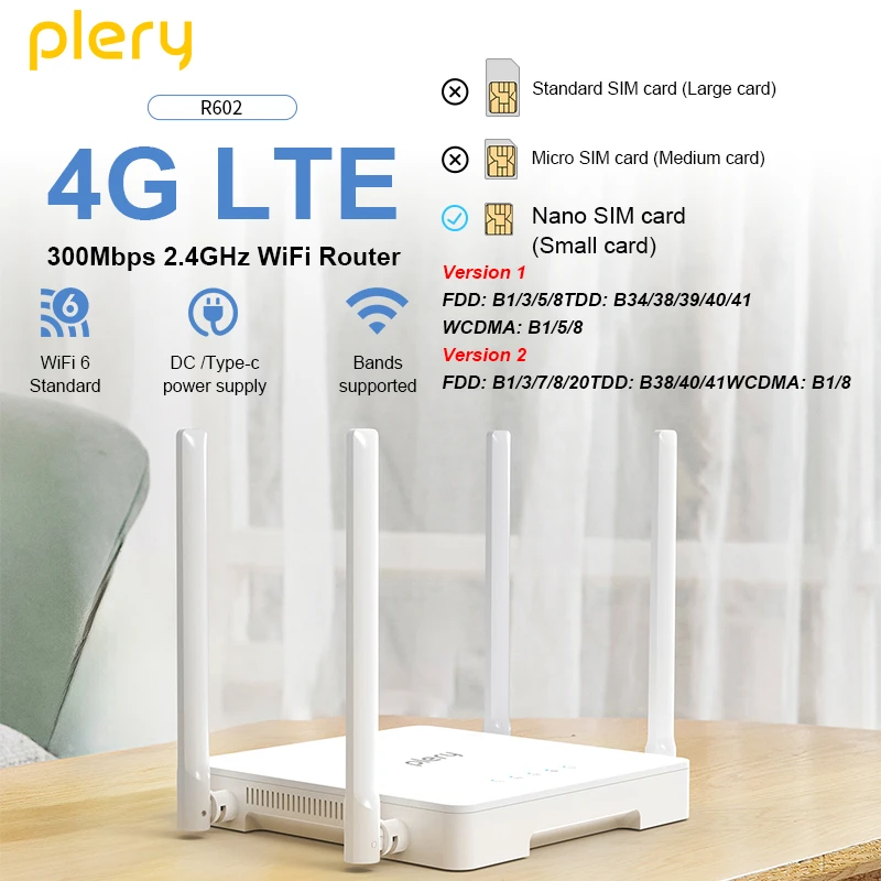 

PLERY WiFi6 300Mbps 4G LTE CAT4 Outdoor Router Insert a Sim 2.4Ghz Wifi signal Router Wireless Extender amplifier plug and play