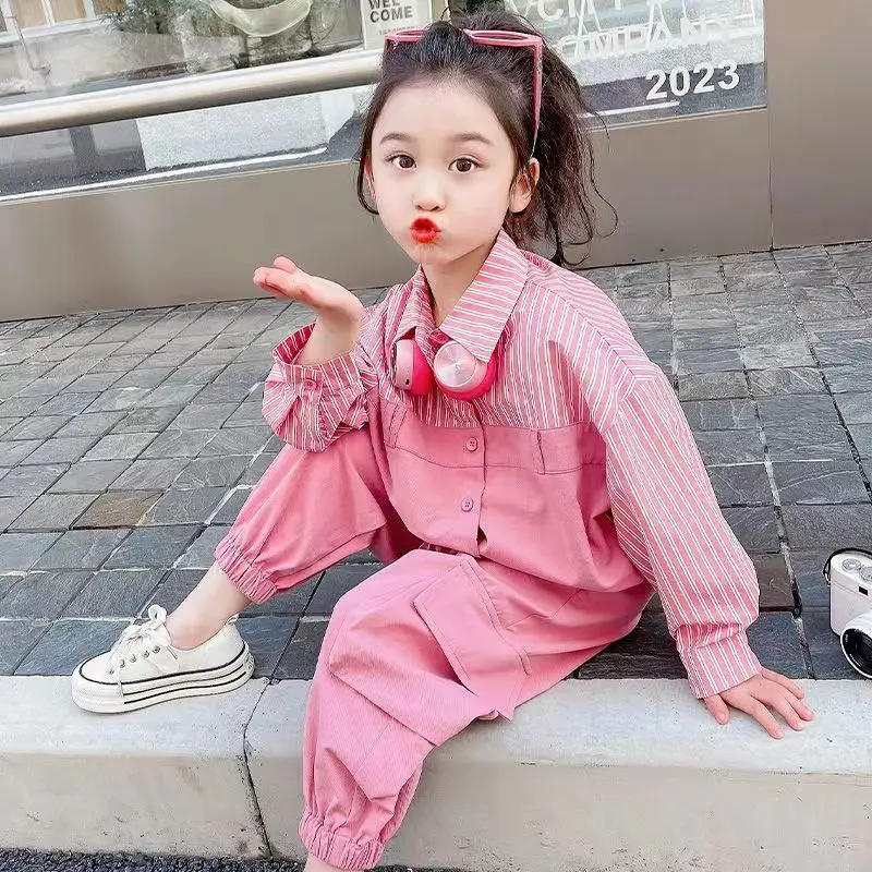 

Girl's Sets Jacket Cropped Pants Two-piece Suits Spring Autumn Korea Fashion Spliced Stripes Coat Cargo Pants Children's Sets