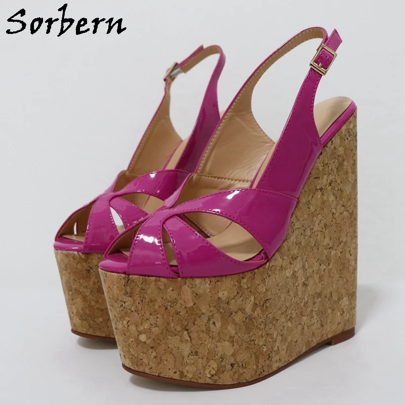 

Sorbern Rose Pink Women Sandals Hollow Out Shoe Slingback Cork Wedges High Heel Visible Platform Summer Shoes 18Cm Multi Color