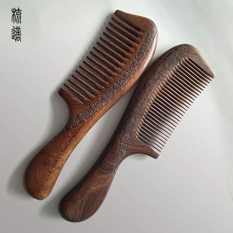 Natural Sandalwood Combs Solid Wood Carving Comb Anti-Static Beard Comb Handicraft Hair Styling Wide Tooth and Narrow Tooth Gift