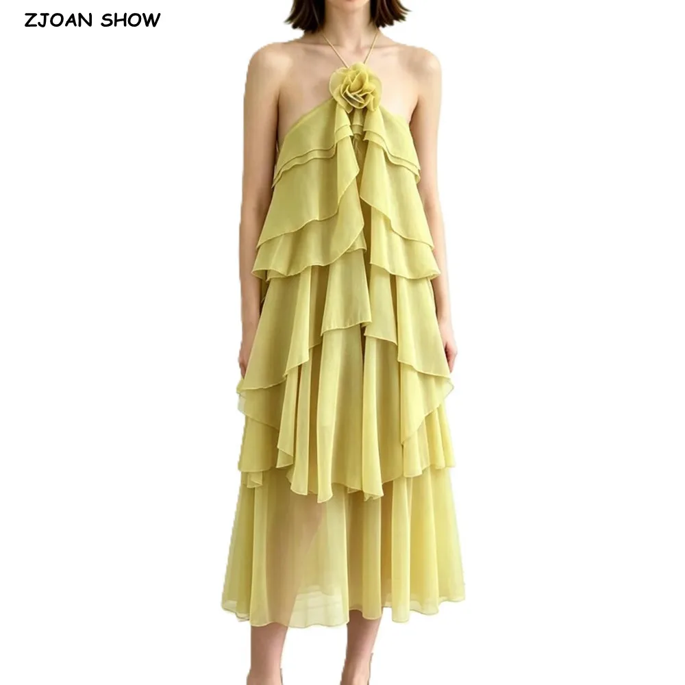 7 Colors Women Holiday 3D Flower Cascade Ruffles Sling Dress Cross Lacing Up Backless Tiered Midi Long Dresses Asymmetry Robe