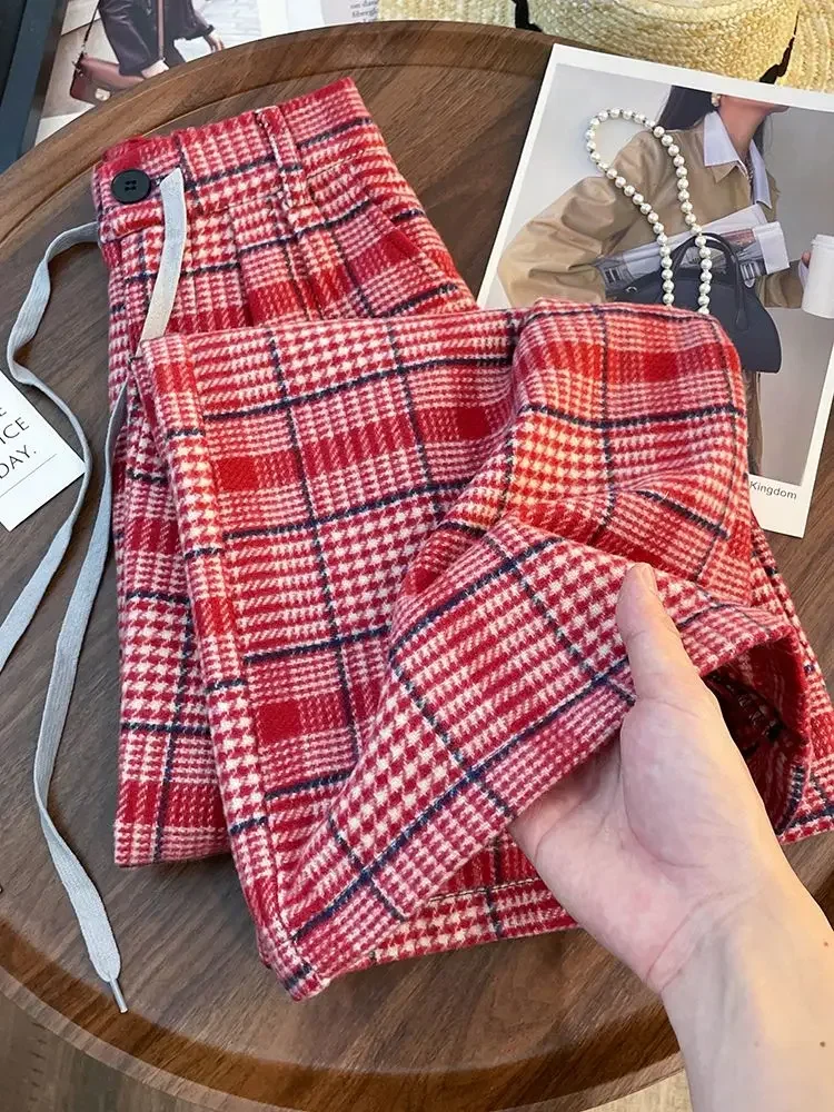 Hikigawa 2025 Spring Plaid High Waist Women Pants Chic Fashion Harajuku Drawstring Wide Leg Trousers Loose Vintage Pantalones